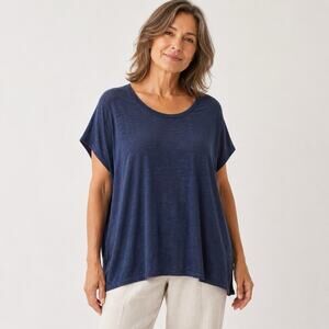 Eileen Fisher 1X Linen Short Sleeve Tee Blue Round neck Pullover Minimalist